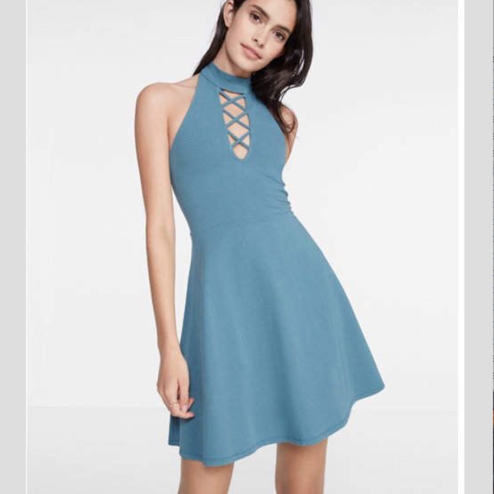 Express Lace-Up Mock Neck Skater Dress XS petite